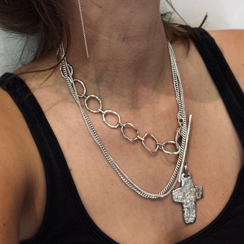 collier "grande croix brute" multi-chaines